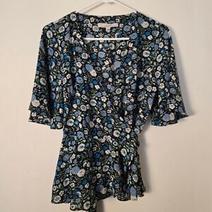 LOFT Blouse Short Sleeve Wrap V Neck Womens Small Black Blue Floral Top